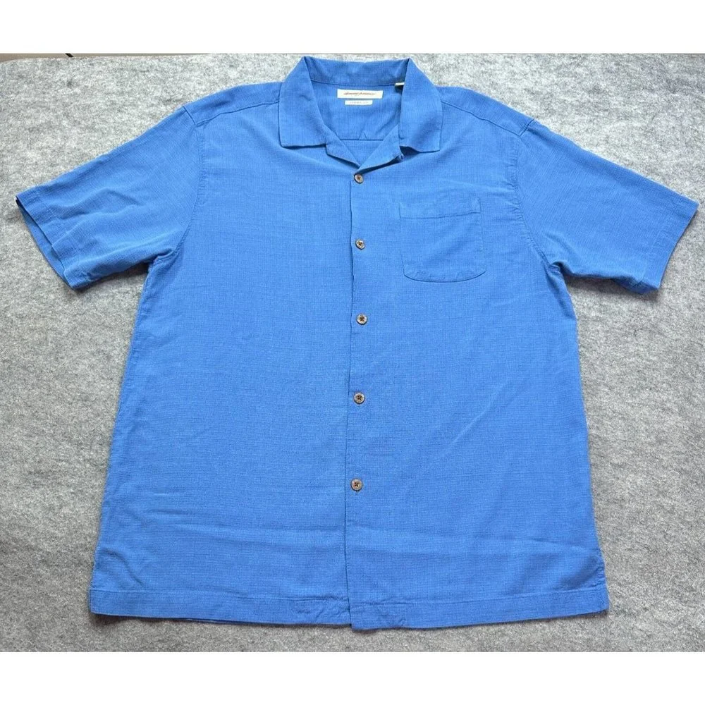 Tommy Bahama Camp Shirt Men XL Blue Silk Pocket Lounge Regular Original Fit